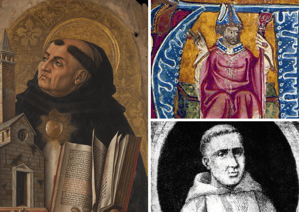 Tomás de Aquino (izquierda), el obispo Roberto Grosseteste (superior derecha) y el monje Graciano (inferior derecha)