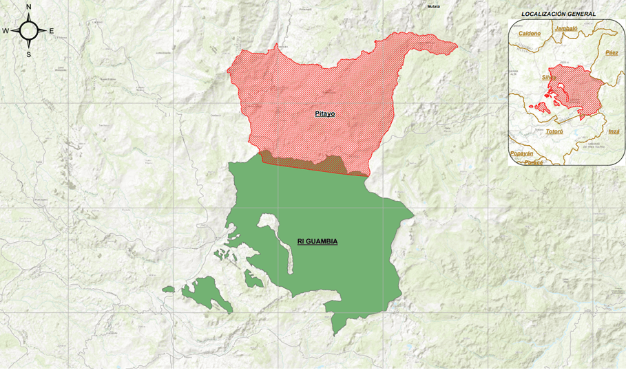 El predio en disputa es de aproximadamente de 800 hectáreas que, según el mapa, se traslapan entre las tierras del pueblo nasa (Pitayó) y las de la comunidad misak (Guambía).