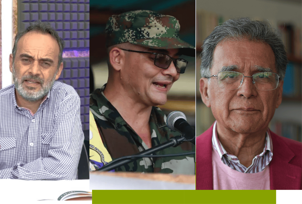 Leonargo González Perafán, director del Observatorio de DD.HH. y conflictividades de Indepaz; Iván Mordisco, jefe de las disidencias del Estado Mayor Central; y Camilo González, coordinador de la Delegación de Gobierno para el diálogo con el EMC.
