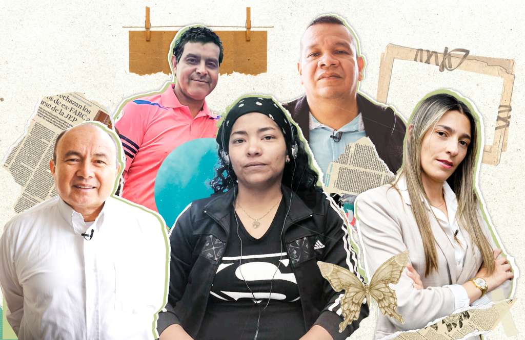 César Lasso, Augusto Díaz, Sara Morales, Karena Molano y Carlos Carvajal, víctimas de las FARC. / William Niampira