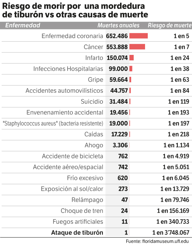 El riesgo de muerte por una mordida de tiburón es de 1 en más de tres millones.
