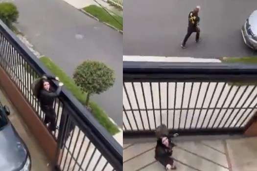Esta mujer, y el hombre que se ve corriendo, quedaron atrapados en un edificio al que pensaban ingresar para robar a sus residentes. Los hechos ocurrieron en la localidad de Puente Aranda. Pese a que quedaron atrapados, cuando las autoridades llegaron, ya habían escapado.