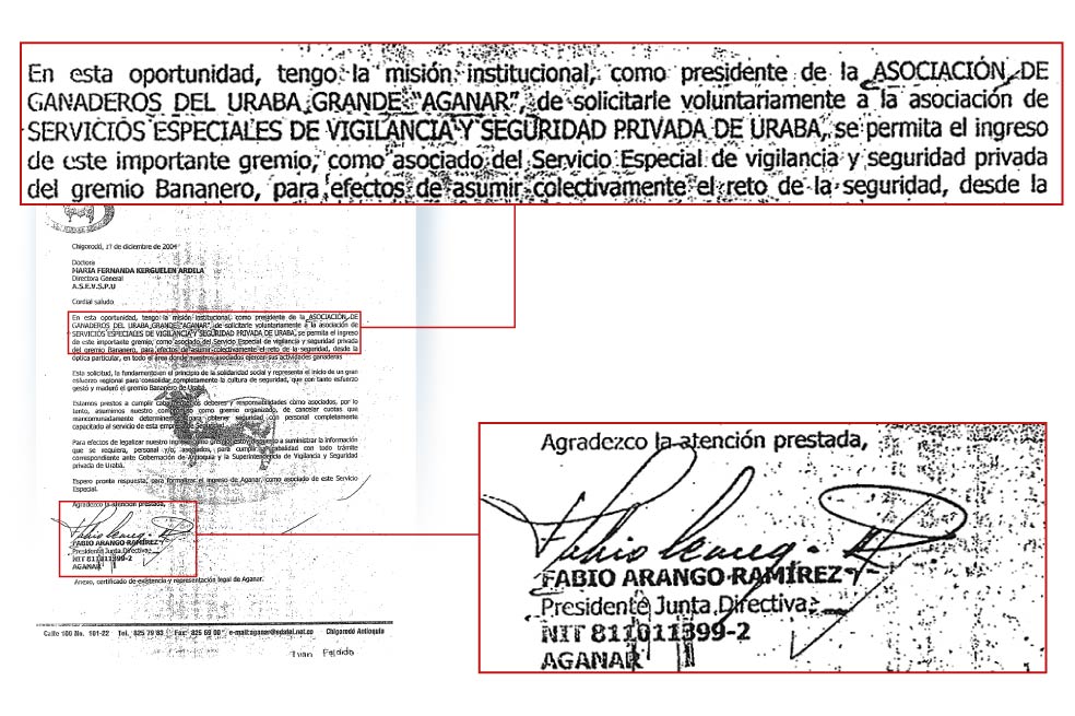 La Asociación de Ganaderos del Urabá Grande (Aganar) pidió la entrada a la Asociación de Servicios Especiales de Seguridad Privada del Urabá por medio de una carta del 17 de diciembre de 2004.