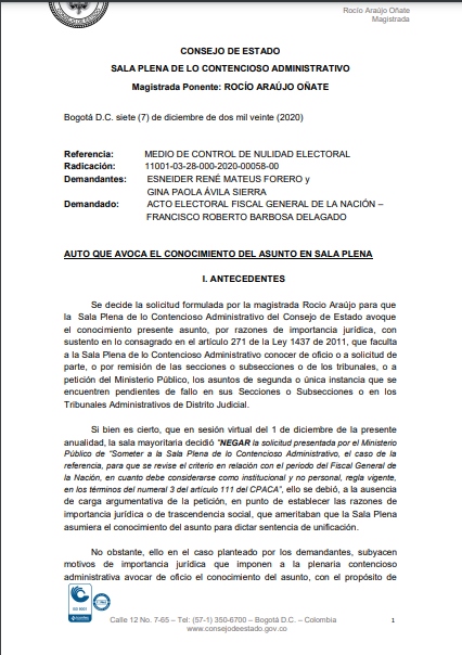 Sin ser la ponente del caso, la magistrada Rocío Araújo proyectó una respuesta a su propia petición de que este caso pase a la Sala Plena. La ponente es Lucy Bermúdez.
