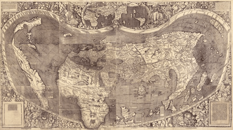 Martin Waldseemüller, Universalis cosmographia secundum Ptholomaei traditionem et Americi Vespucii aliorumque lustrationes (dibujo de toda la Tierra siguiendo la tradición de Ptolomeo y los viajes de Américo Vespucio), 1507.
