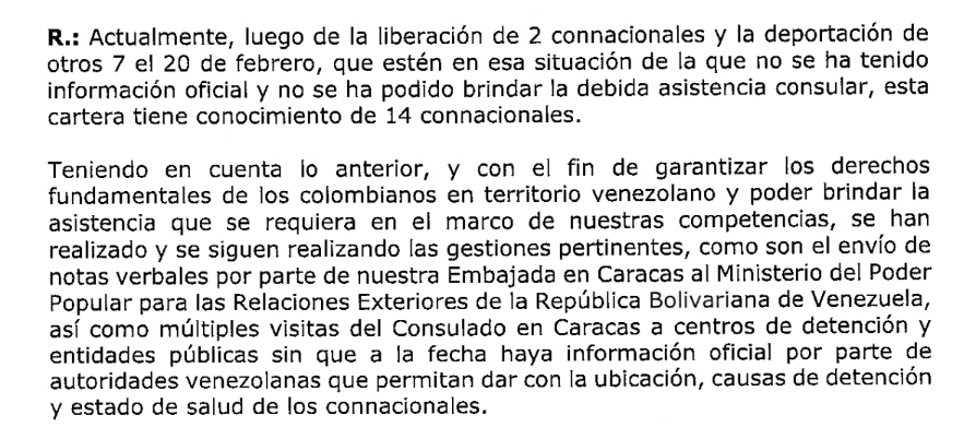 Esta es la respuesta de la Cancillería sobre 14 colombianos presos en Venezuela