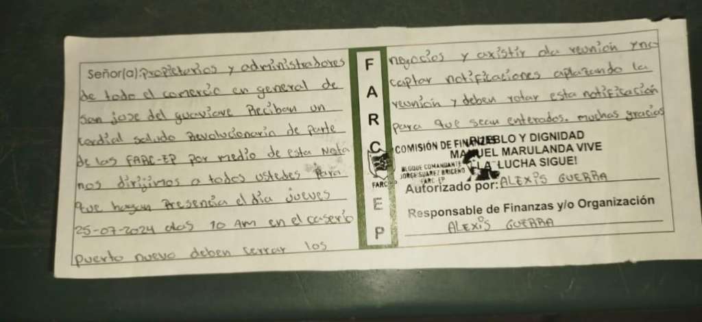 Comerciantes de Guaviare recibieron por difusión electrónica este panfleto para reunión en la zona con los que podrían ser disidentes de las FARC en el departamento.