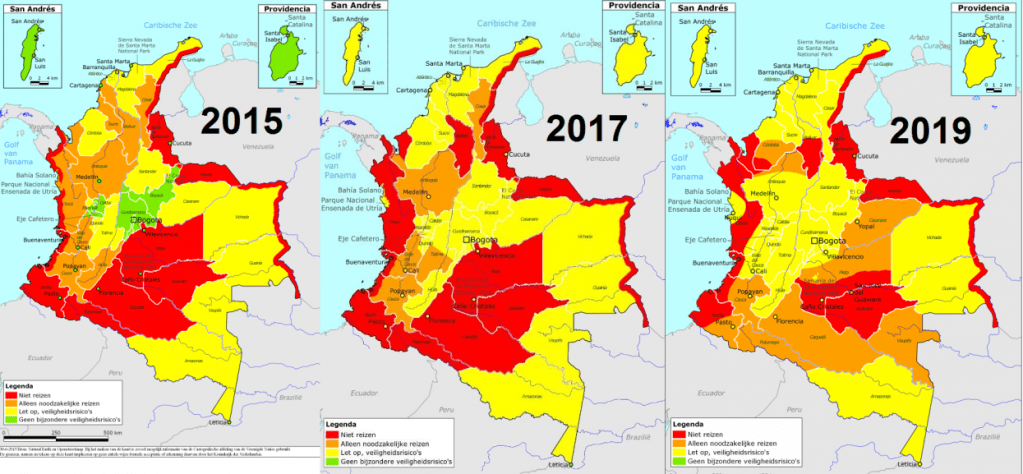 En 2017, ninguna parte de Colombia estaba pintada de verde. Y aunque en 2019 el mapa tampoco lleva regiones en verde, algunas partes del sur y del oeste del país pasaron de rojo a naranja.