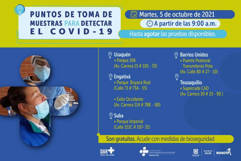 ¿Dónde hay pruebas gratuitas para COVID-19 este lunes 4 de octubre en Bogotá?