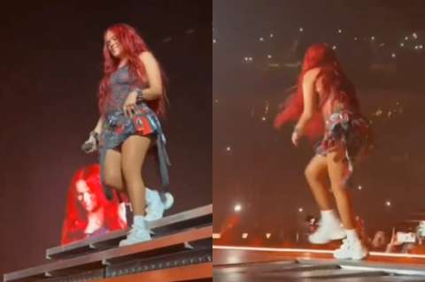 Video: Karol G nuevamente se cayó en uno de sus conciertos en Miami