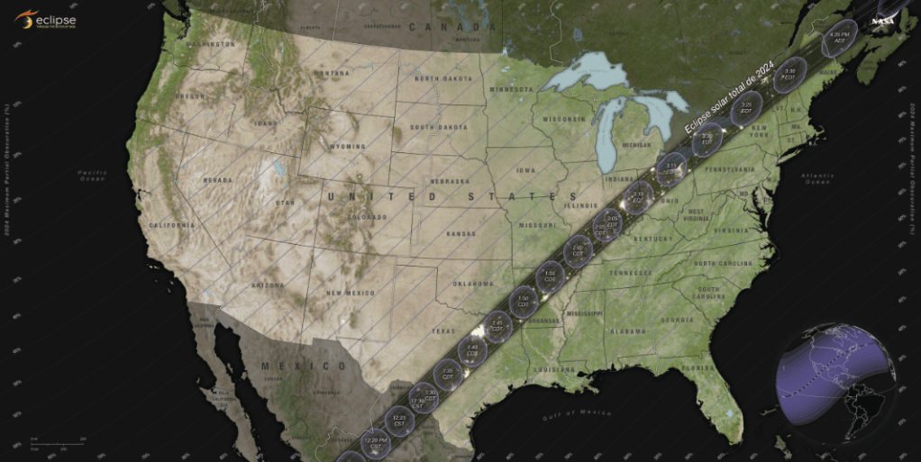 La franja oscura muestra dónde tendrán que estar los observadores para ver la corona del Sol, cuando la Luna bloquee completamente el disco solar durante el eclipse total. Fuera de esas trayectorias, el mapa también muestra dónde y en qué medida el Sol será eclipsado parcialmente por la Luna.
NASA/Estudio de Visualización Científica del Centro Goddard de la NASA/Michala Garrison; Cálculos del eclipse por Ernie Wright, Centro Goddard de la NASA