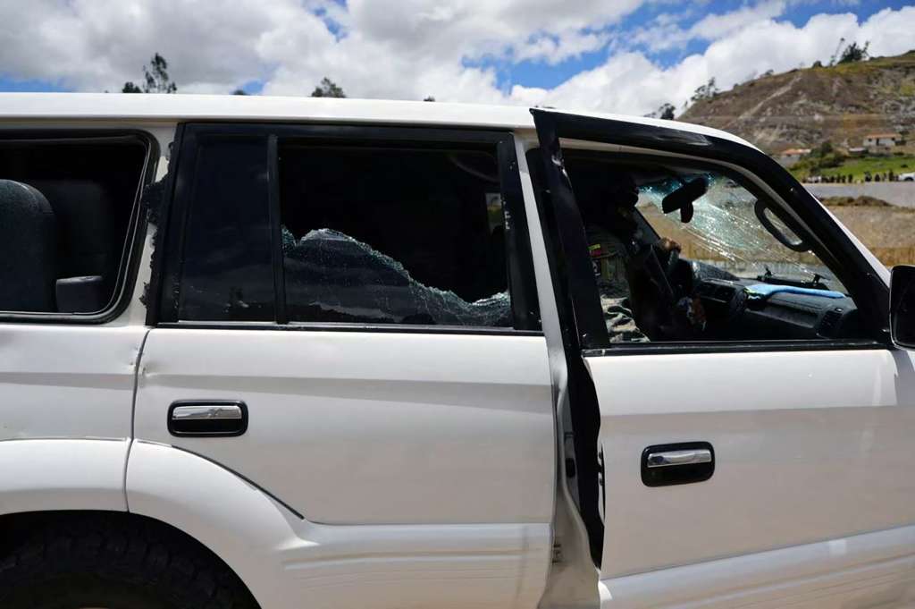 This handout picture released by the Ecuadorian Presidency shows one of the vehicles in the motorcade carrying Ecuador's President Daniel Noboa, which was attacked by gunfire in Cañar, Ecuador, on October 7, 2025.