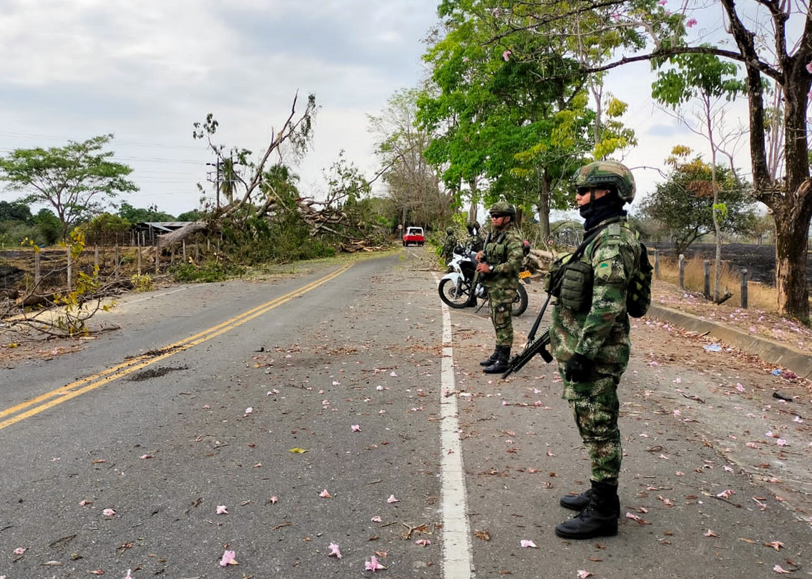 COL400. ANTIOQUIA (COLOMBIA), 13/03/2023.- Fotografía cedida por las fuerzas militares de Colombia de soldados custodiando las vías en el Bajo Cauca antioqueño (Colombia). El paro de mineros en los departamentos colombianos de Antioquia y Córdoba (noroeste) que completa 12 días de alteraciones al orden público, bloqueos, ataques a misiones médicas y otros hechos violentos alimentados por la banda criminal del Clan del Golfo se ha convertido en un desafío para el Estado colombiano. EFE/FUERZAS MILITARES DE COLOMBIA/ SOLO USO EDITORIAL/NO VENTAS