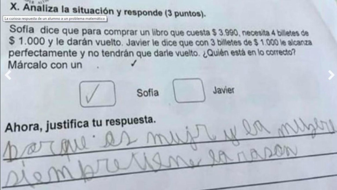 Esta es la foto del examen que subieron los padres del menor a Facebook. / AFP