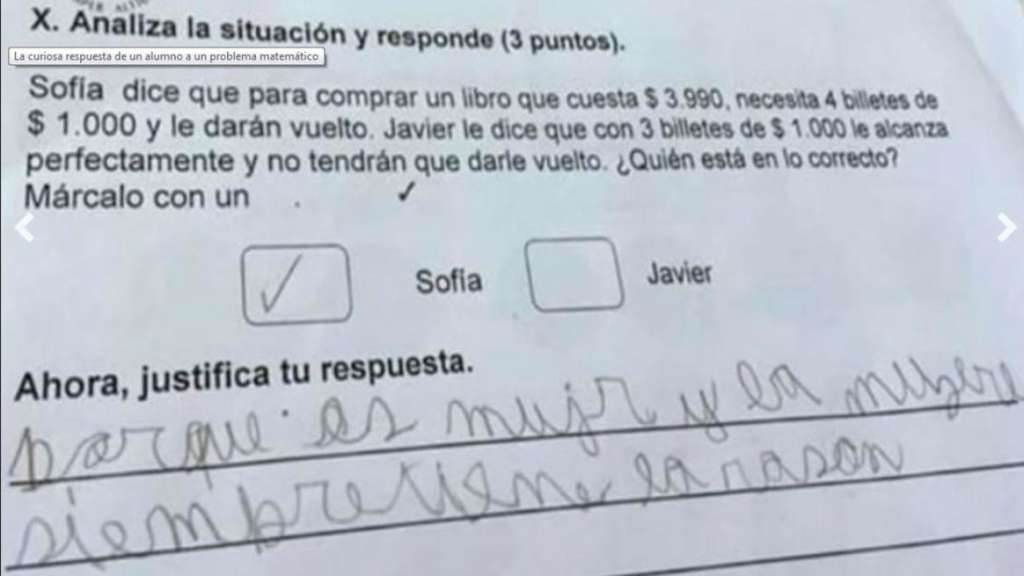 Esta es la foto del examen que subieron los padres del menor a Facebook. / AFP