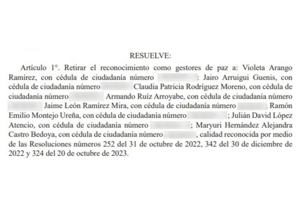 Foto de una de las resoluciones publicadas en la Gaceta Oficial en la que se muestra la suspensión de los gestores de paz.
