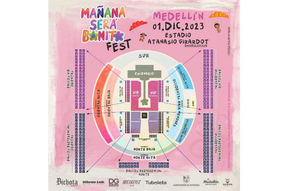 Ubicación de cada localidad para el concierto de Karol G en el Atanasio Girardot.