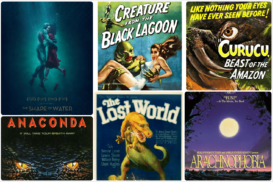 Los monstruos de la Amazonía en el cine suelen encajar en las categorías de "gigantismo animal", o bestias ocultas en lugares desconocidos.  / De izquierda a derecha, arriba: Fox Searchlight Pictures, Universal International, Universal International; abajo: Columbia Pictures, Wikipedia Commons y Buenavista Pictures.