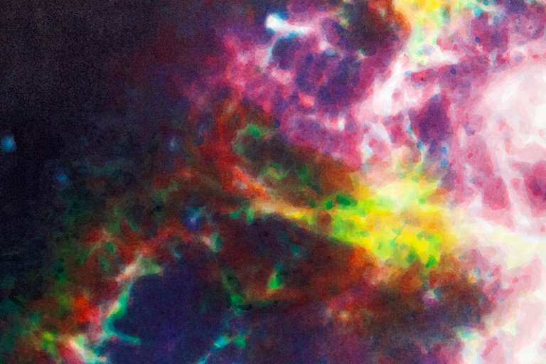 En esta realización de imágenes astronómicas, los colores y el uso de la tecnología constituyen una propuesta de "traducción" artística.