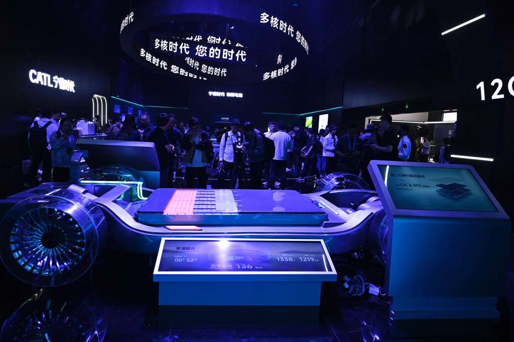 A model of Chinese battery manufacturer CATL's second-generation Shenxing Superfast Charging Battery is displayed during CATL Tech Day ahead of the Shanghai Auto Show in Shanghai on April 21, 2025. (Photo by WANG Zhao / AFP)