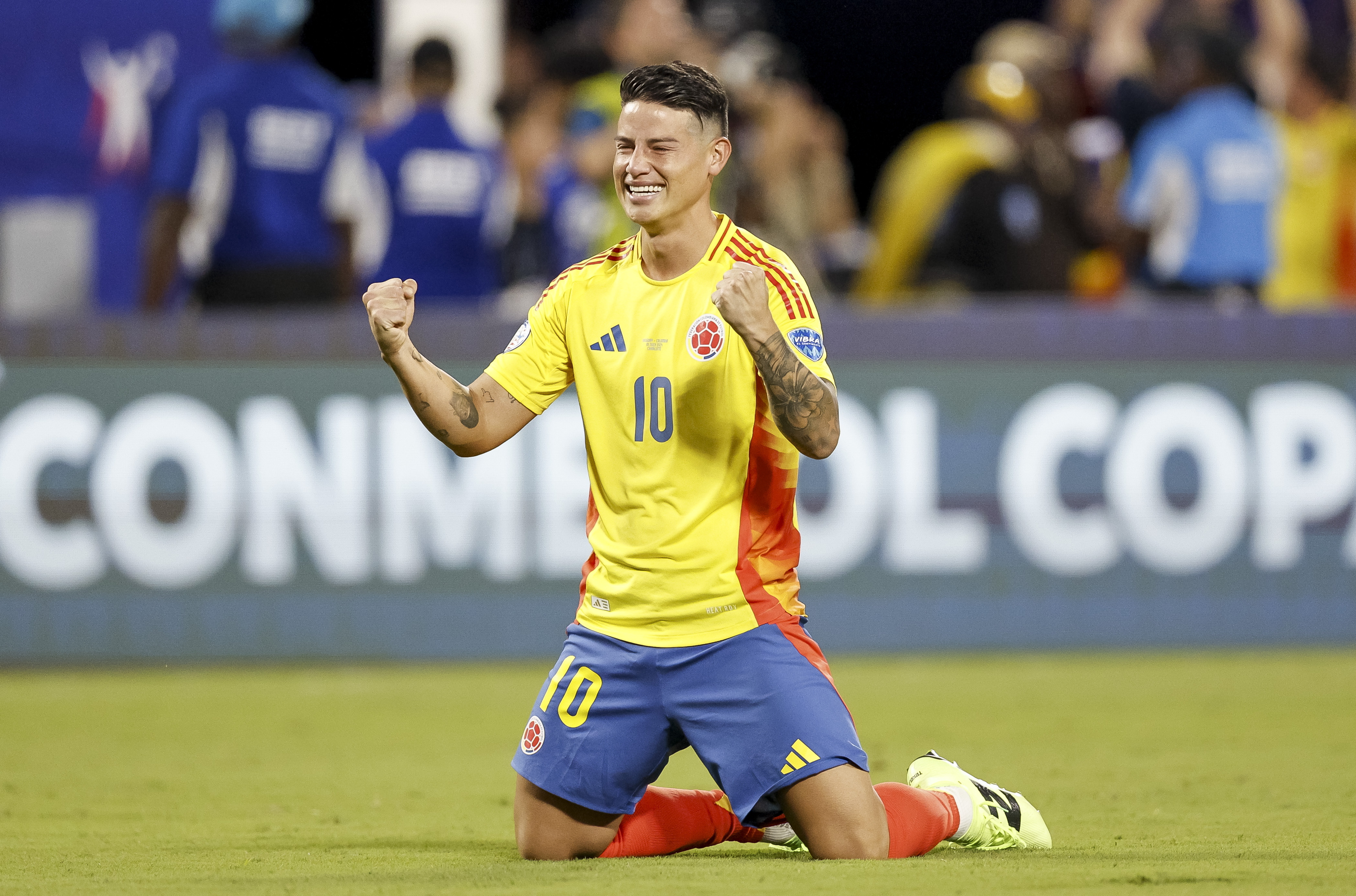 Charlotte (United States), 11/07/2024.- Colombia's James Rodriguez reacts to defeating Uruguay in the CONMEBOL Copa America 2024 semi-finals match between Uruguay and Colombia at Bank of America stadium in Charlotte, North Carolina, USA, 10 July 2024. EFE/EPA/ERIK S. LESSER