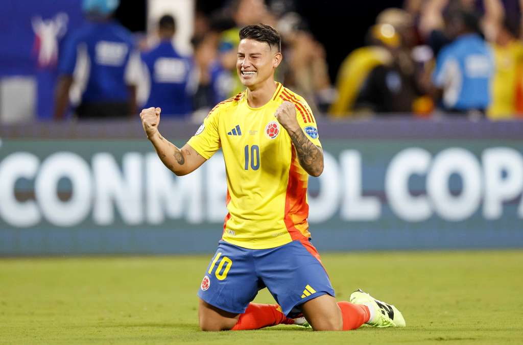 Charlotte (United States), 11/07/2024.- Colombia's James Rodriguez reacts to defeating Uruguay in the CONMEBOL Copa America 2024 semi-finals match between Uruguay and Colombia at Bank of America stadium in Charlotte, North Carolina, USA, 10 July 2024. EFE/EPA/ERIK S. LESSER