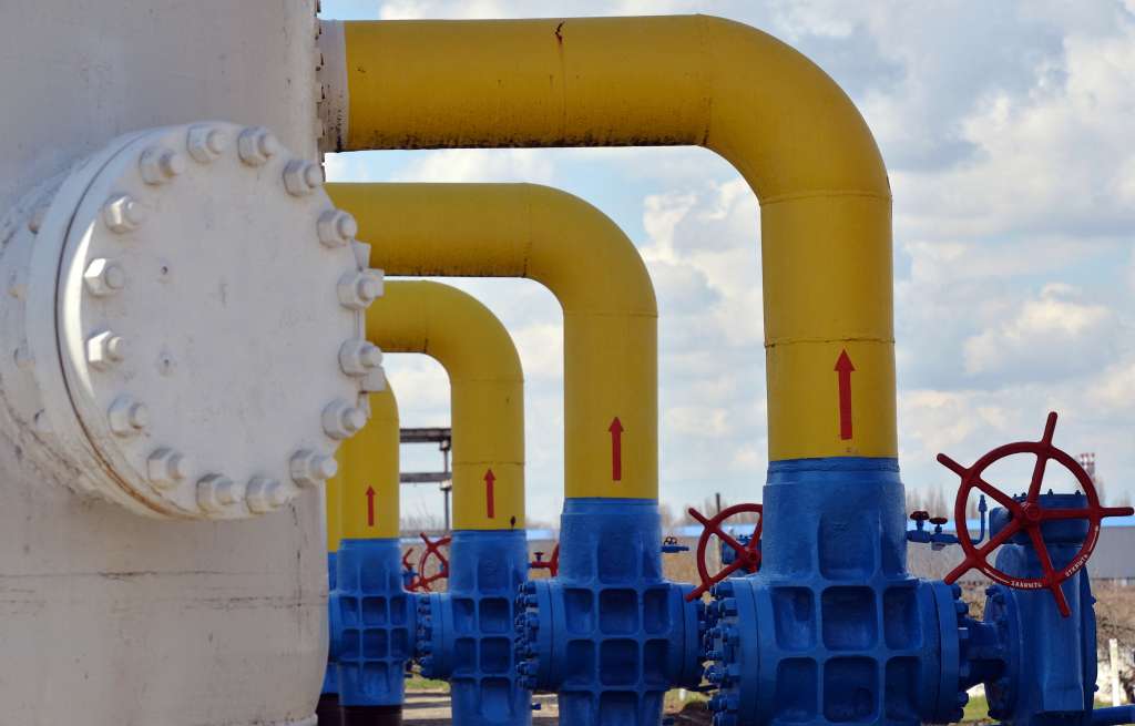 (FILES) This photograph taken on April 22, 2015 shows a part of a gas installation at a gas-pumping station on the gas pipeline in the small town Boyarka in the Kiev region.