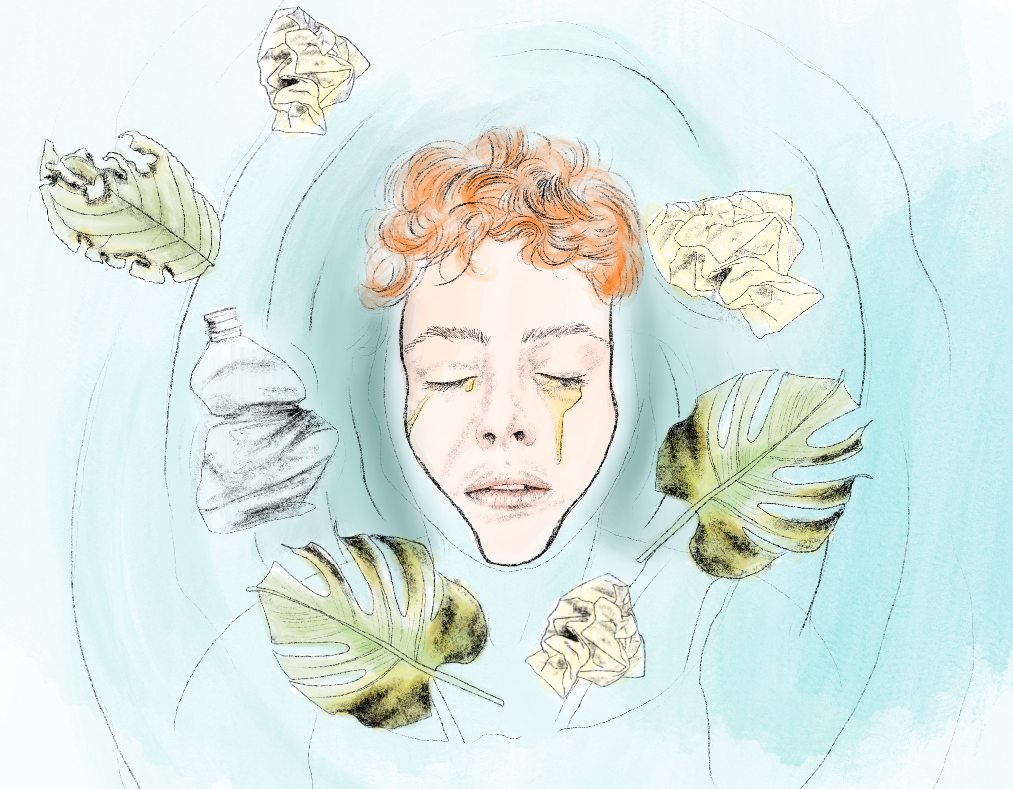 Ilustración sobre niño llorando en medio del agua, rodeado de contaminación.