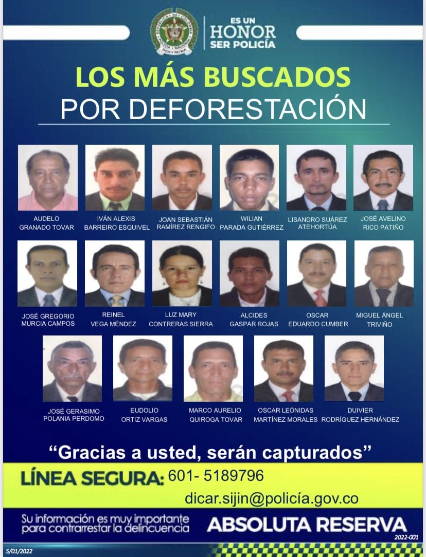 Documento presentado por el ministerio de Ambiente y el ministerio de Defensa con "las personas más buscadas por deforestación".