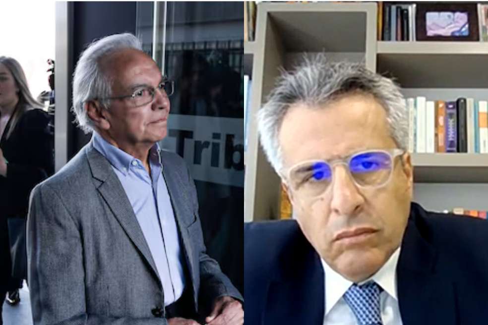 A la izquierda, el exministro Ricardo Bonilla, a su llegada al Tribunal Superior de Bogota. A la derecha, Luis Fernando Velasco quien acudió a la diligencia de manera virtual.