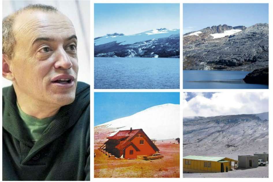 Jorge Luis Ceballos junto a cuatro fotografías que muestran los cambios de la Sierra Nevada del Cocuy 1959 - 2009 (superior) y el Nevado del Ruiz década del 70 - después del 2000 (inferior)