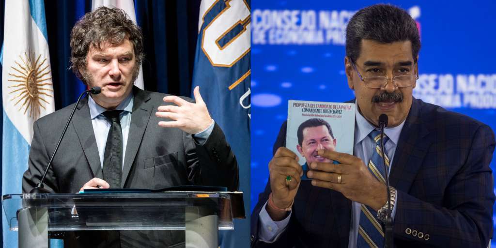 AME3677. BOGOTÁ (COLOMBIA), 05/05/2024.- Combo de dos fotografías de archivo de los presidentes de Argentina, Javier Milei (i), y de Venezuela, Nicolás Maduro. Milei dijo que no tiene nada de que hablar con el mandatario de Venezuela, Nicolás Maduro, porque lo considera un "dictador" que está intentando hacer "suya" la elección presidencial del próximo 28 de julio. EFE/ Cristóbal Herrera-Ulashkevich / Miguel Gutiérrez