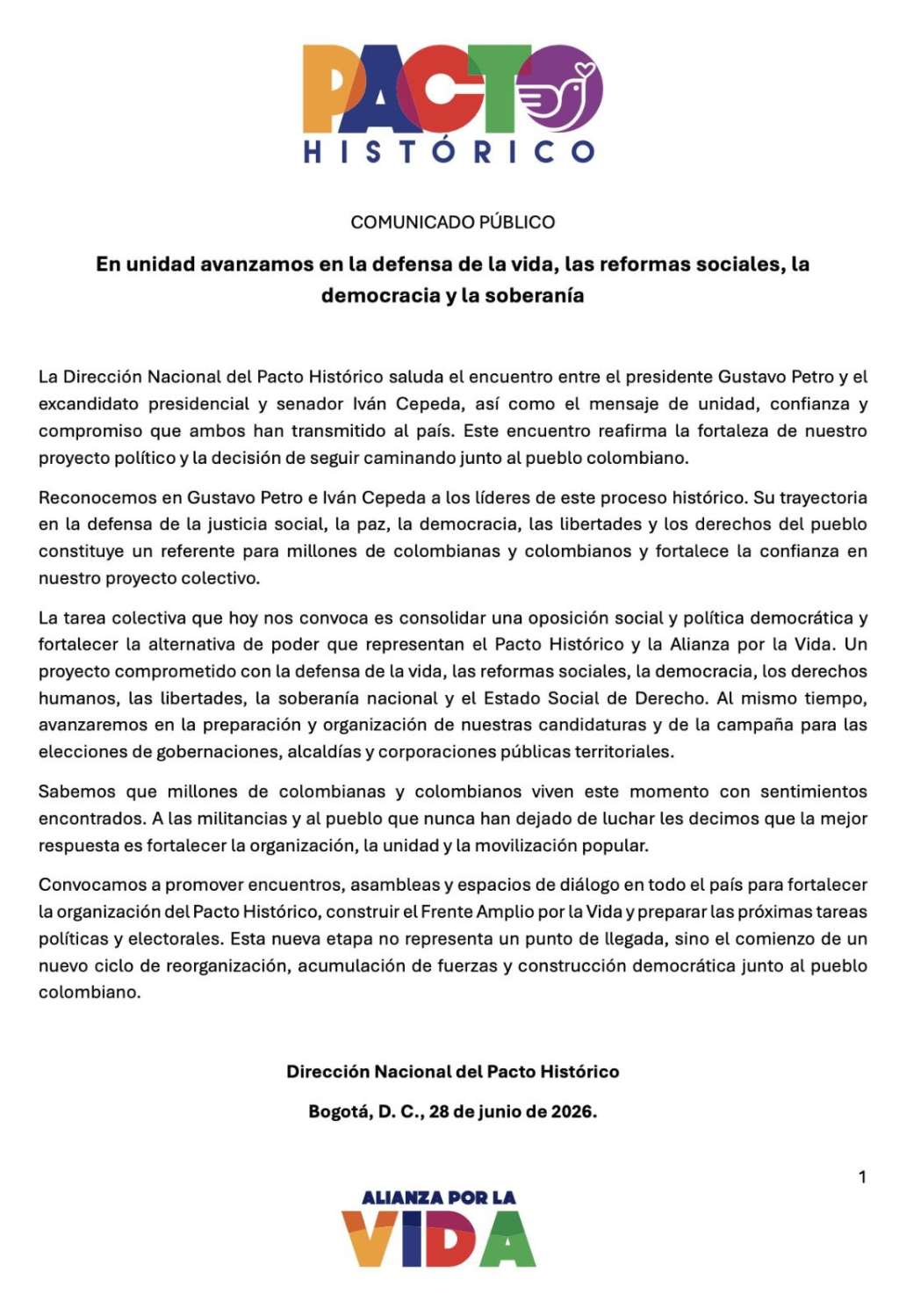 Comunicado del Pacto Histórico sobre Gustavo Petro e Iván Cepeda