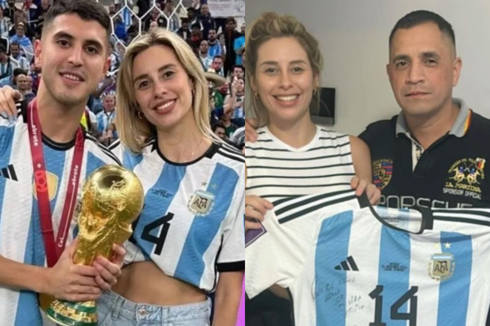 Yesica Farías, con Exequiel Palacios en la final de la Copa del Mundo de Catar (izq.). Y Yesica Farías vendiendo la camiseta de su exesposo (der.).