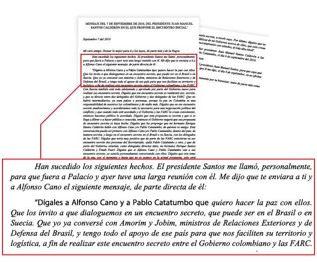 Carta de Henry Acosta a Pablo Catatumbo en la que le cuenta que el presidente Santos propone encuentro inicial.