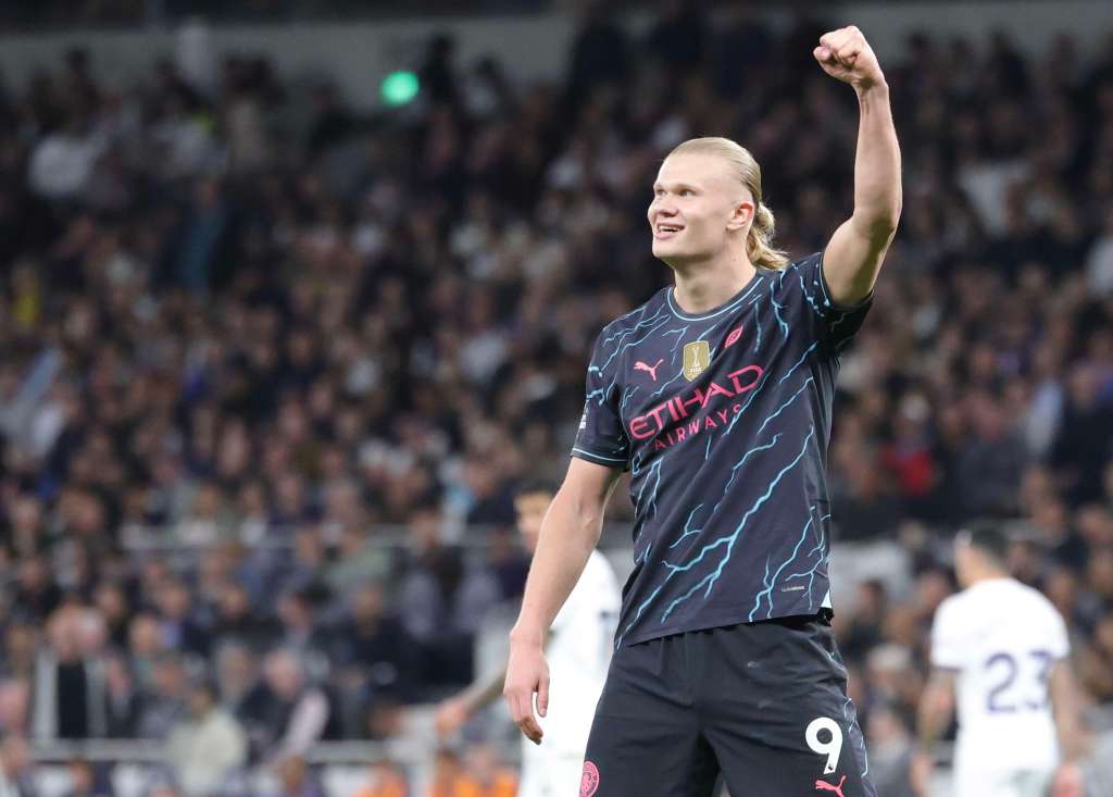 London (United Kingdom), 14/05/2024.- Manchester City's Erling Haaland celebrates after scoring the 0-1 goal during the English Premier League soccer match between Tottenham Hotspur and Manchester City, in London, Britain, 11 May 2024. (Reino Unido, Londres) EFE/EPA/NEIL HALL EDITORIAL USE ONLY. No use with unauthorized audio, video, data, fixture lists, club/league logos, 'live' services or NFTs. Online in-match use limited to 120 images, no video emulation. No use in betting, games or single club/league/player publications.