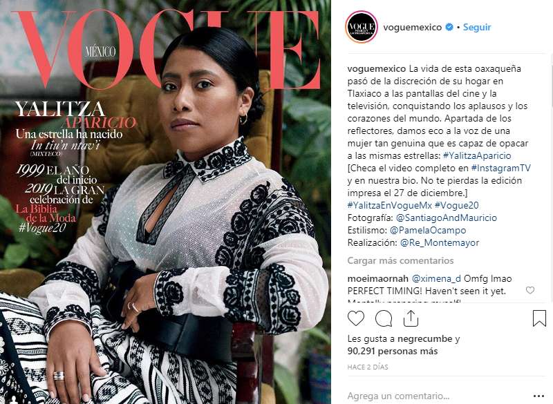 Yalitza Aparicio, la actriz revelación de "Roma", la nueva película de Alfonso Cuarón. / Tomada de la cuenta de Instagram de Vogue México y Latinoamérica. 