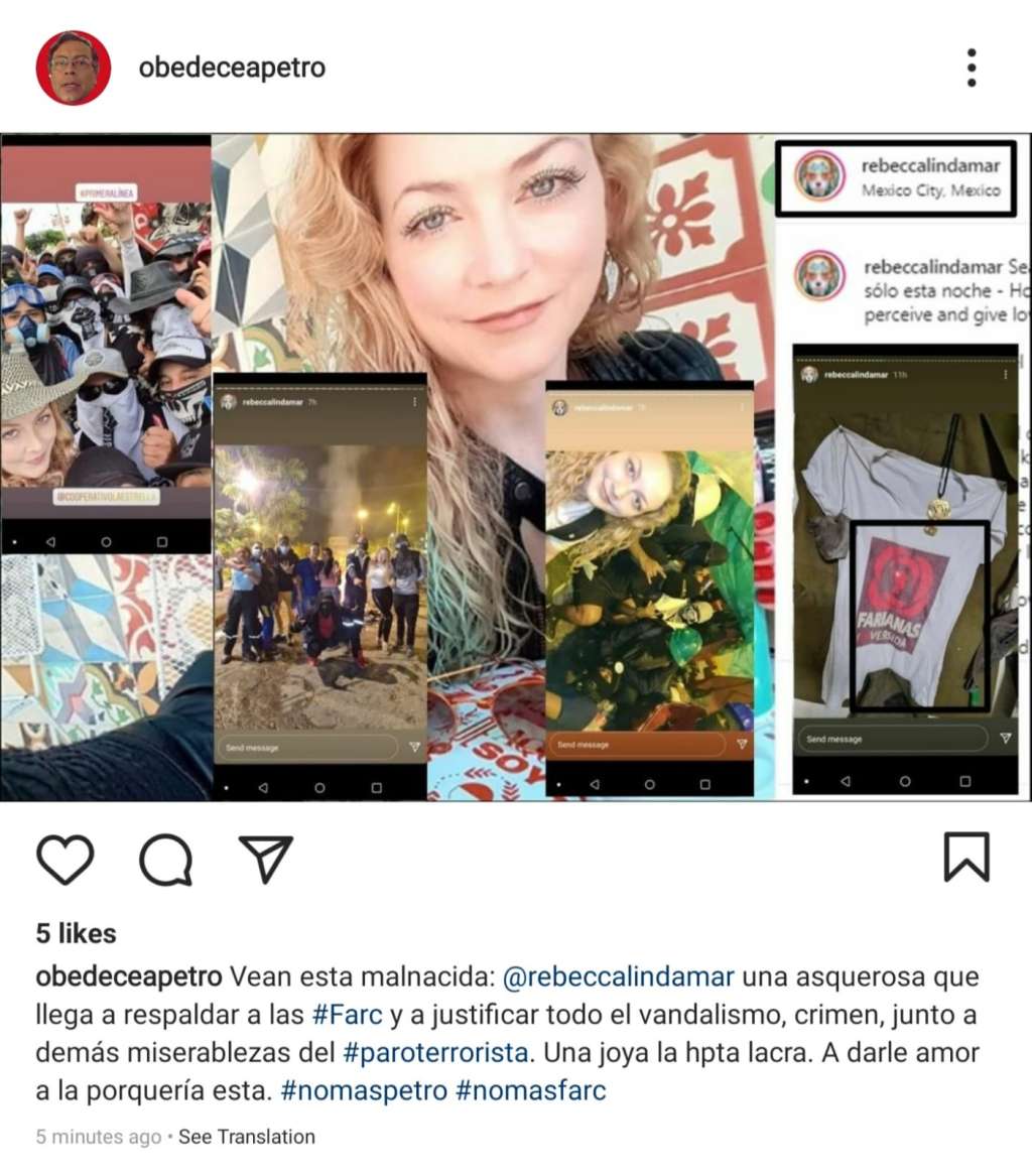 En sus cuentas de Instagram y Facebook, Rebecca Linda Marlene Sprößer ha compartido fotos junto a los jóvenes de las primeras líneas de protesta en Cali desde que empezó el paro nacional.