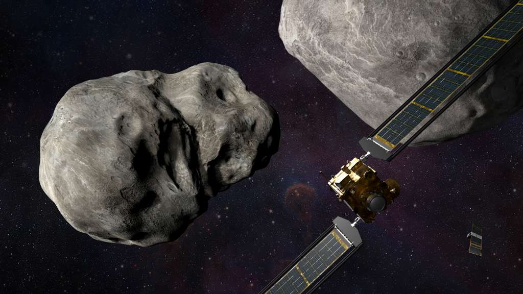 GRAF3041. ESPACIO, 25/09/2022.- Ilustración de la nave espacial DART de la NASA y del microsatélite LICIACube de la Agencia Espacial Italiana (ASI) antes del impacto en el sistema binario Didymos. DART es una "misión histórica que busca enseñarnos a desviar asteroides con un método relativamente sencillo y aplicable a asteroides de dimensiones que pensamos que podrían suponer un peligro a relativamente corto plazo", dice el investigador del Instituto de Ciencias del Espacio del español Consejo Superior de Investigaciones Científica (CSIC). EFE/NASA/Johns Hopkins APL/Steve Gribben SOLO USO EDITORIAL/SOLO DISPONIBLE PARA ILUSTRAR LA NOTICIA QUE ACOMPAÑA (CRÉDITO OBLIGATORIO)