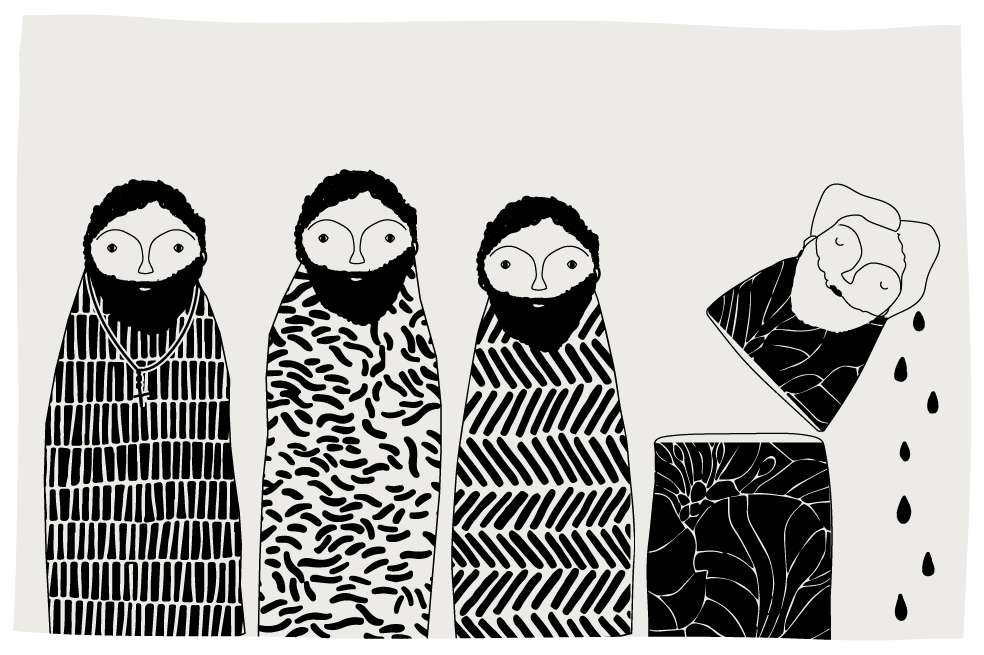 Ilustración inspirada en matrioska, las muñecas rusas creadas a finales del siglo XIX. Son cuatro figuras y la última está partida en dos con la cabeza casi cayendo.