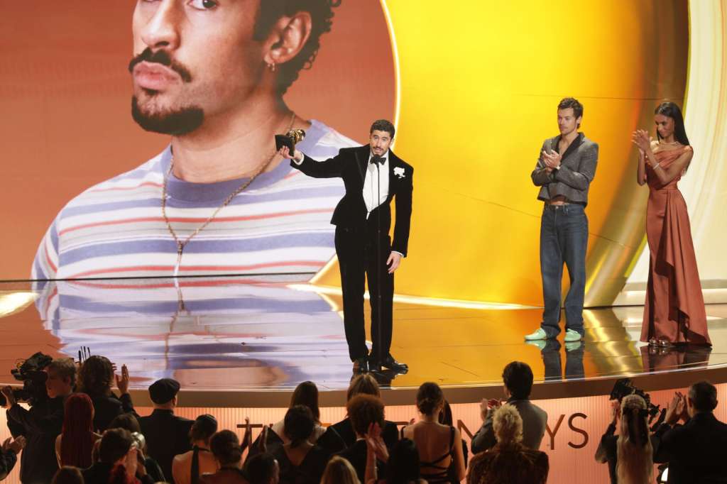 LOS ANGELES (United States), 02/02/2026.- Puerto Rican rapper Bad Bunny (C) accepts the award for Album of the Year onstage during the 68th annual Grammy Awards ceremony at Crypto.com Arena in Los Angeles, California, USA, 01 February 2026. EFE/EPA/CHRIS TORRES