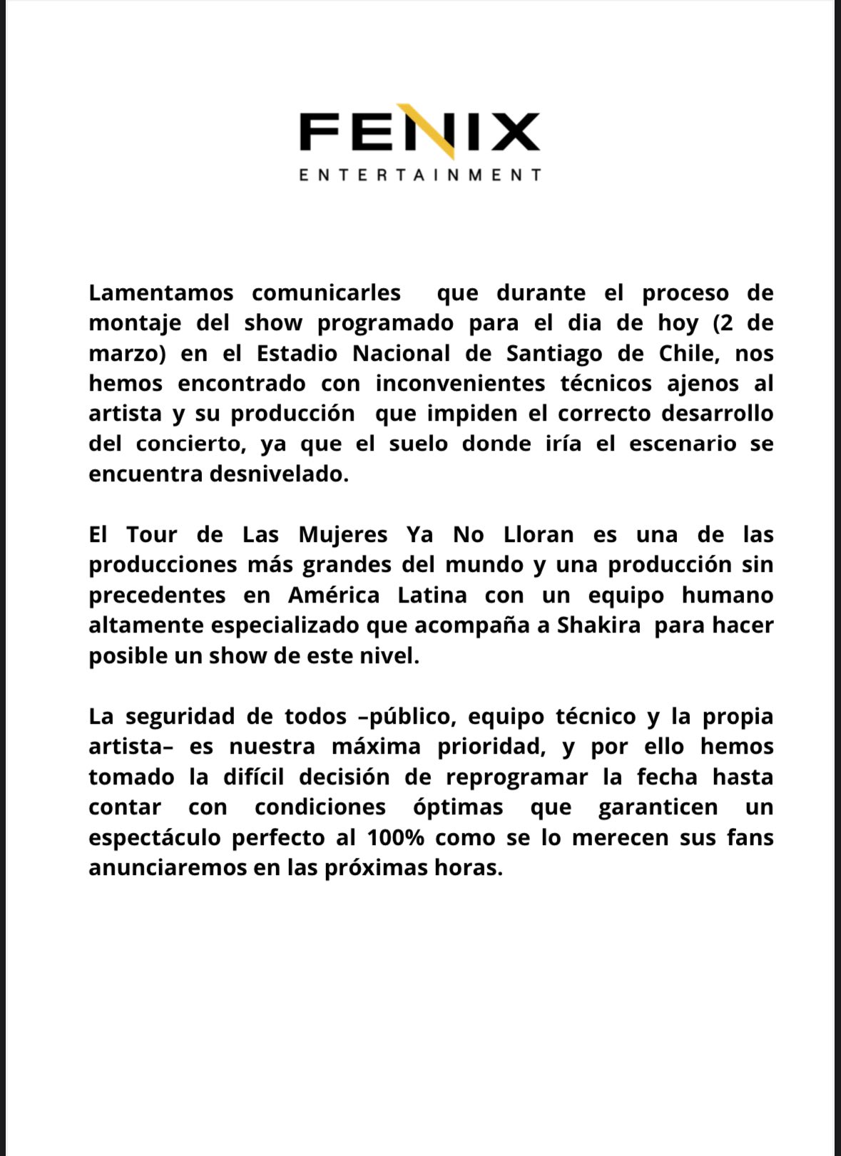 Comunicado de la empresa Fénix sobre el concierto de Shakira en Chile.