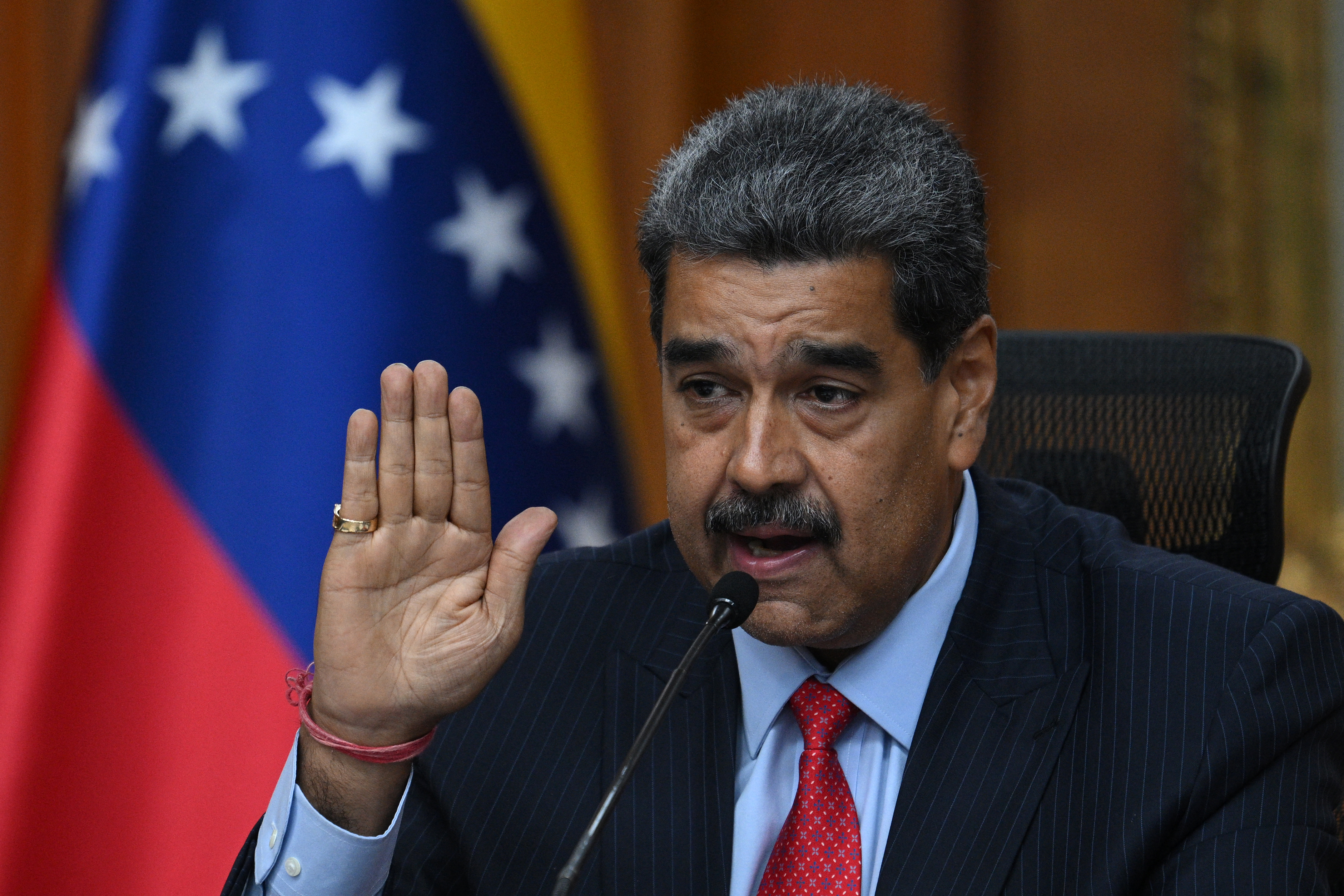 Venezuelan President Nicolas Maduro gestures during a press conference with the international media following the presidential election at Miraflores Presidential Palace in Caracas on July 31, 2024.