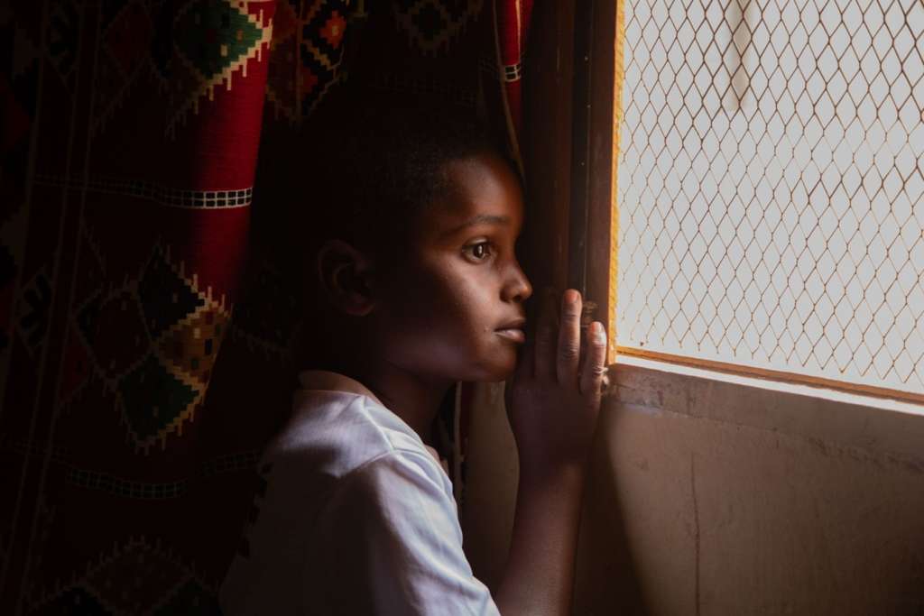 Ozman en una ventana de la casa familiar. Durante las horas más intensas del verano los saharauis permanecen dentro de sus casas. Entre las paredes de adobe y las telas que filtran la luz la vida se resguarda del calor. Campamentos de refugiados saharauis, Tinduf, Argelia.