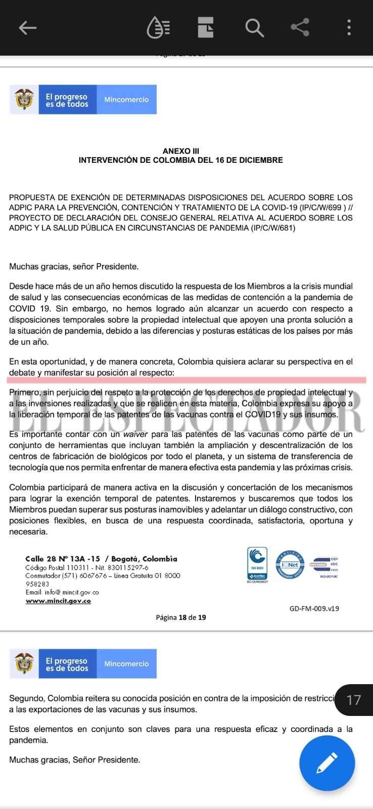 Declaración del Gobierno colombiano en la sesión del consejo del Adpic.
