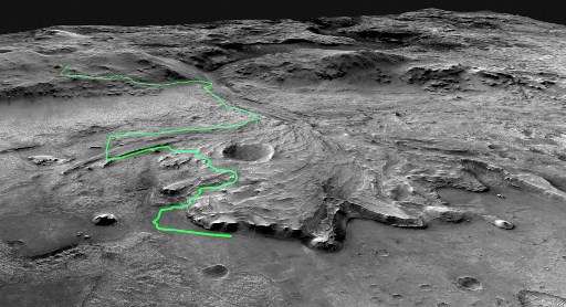 Ilustración de la NASA en la que se traza el posible recorrido que realizaría el rover Perseverance cerca del cráter Jezero.