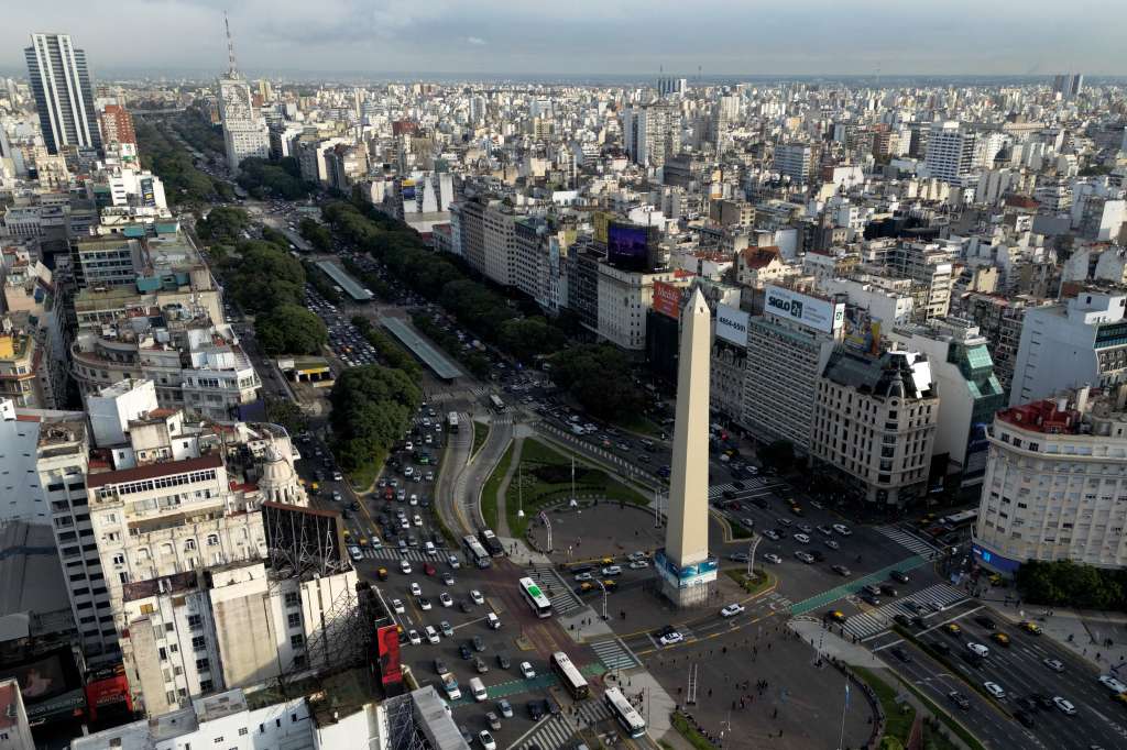 TOPSHOT - Aerial view of the Obelisk in Buenos Aires, taken on May 8, 2025.