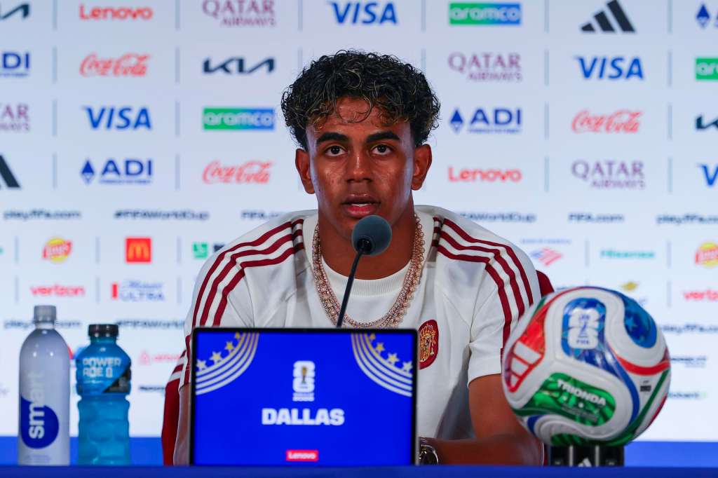 DALLAS (United States), 13/07/2026.- Spain’s national soccer player Lamine Yamal attends a press conference in Dallas, Texas, USA, 13 July 2026. Spain will face France on 14 July in a FIFA World Cup 2026 semi final match. (Mundial de Fútbol, Francia, España) EFE/EPA/CHRISTOPHER NEUNDORF