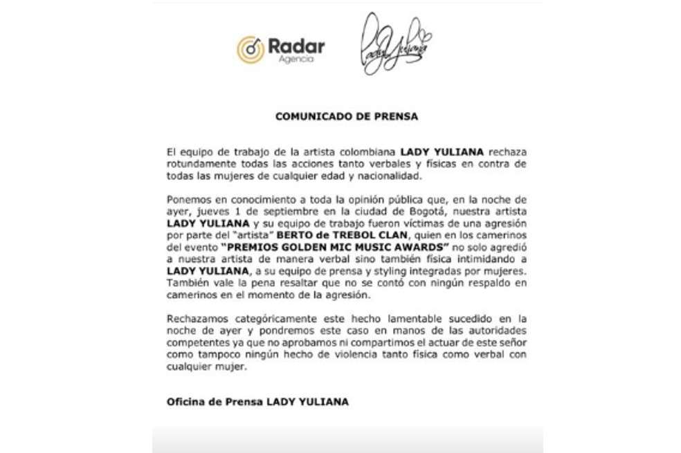 “Una escena tan deprimente e inaceptable”. Evidentemente molesta e indignada, la cantante Lady Yuliana denunció que fue maltratada por un cantante. Te contamos quién es y cómo sucedieron los hechos.