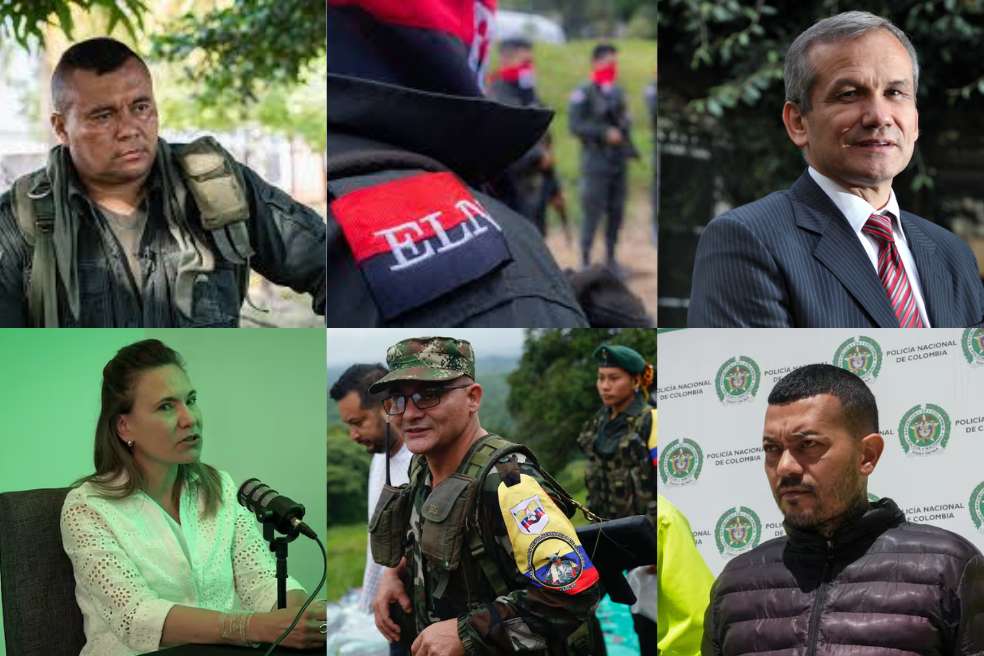 Alias "Calarcá" (arriba izq.), Eln (arriba cent.), Carlos Ramón González (Arriba der.), Zulma Guzmán (abajo izq.), alias "Iván Mordisco" (abajo cent.) y alias "El Costeño" (abajo der.).